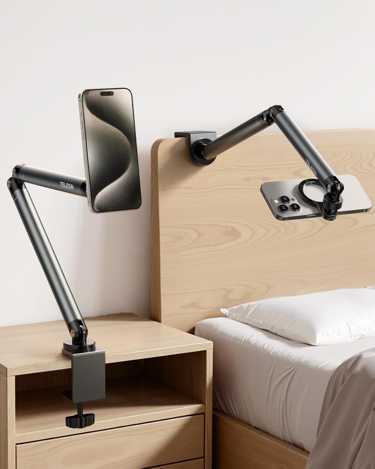 TELESIN Magnetic Phone Holder for Desk and Bed - Strong Magnetic - Tablet Stand Holder with Long Arm - 360° Freely Adjustable Rotation Base - Upgraded Silicone Clamp for iPhone, Android & IPad Series