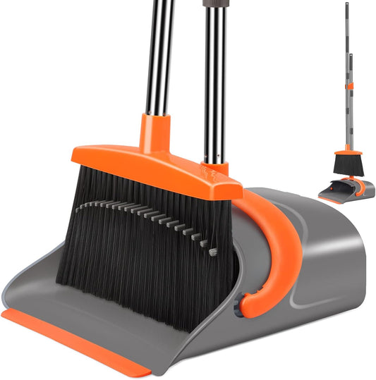 Ivandar Broom and Dustpan Set for Home, Broom and Dustpan Combo for Office, Long Handle Broom with Upright Standing Dust pan,Indoor&Outdoor Sweeping (Gray&Orange)