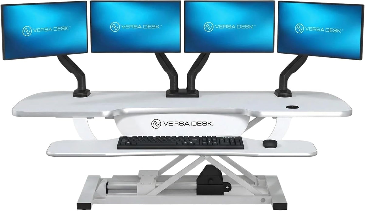 VERSADESK PowerPro 36 Inch Electric Standing Desk Converter – Push-Button Height Adjustable Sit to Stand Desk Riser for Dual Monitors & Laptop – Motorized Desktop Workstation with Wide Keyboard Tray