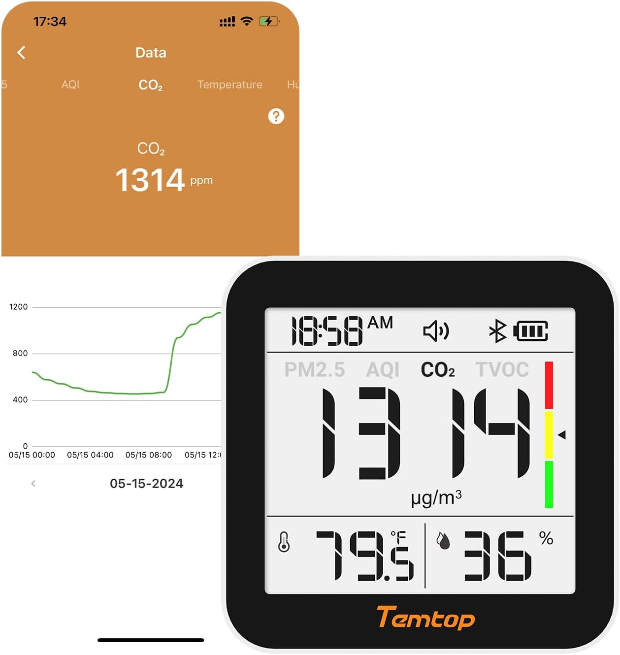 Temtop M10+ Indoor Air Quality Monitor & CO2 Meter for Home, 6-in-1 PM2.5 & VOC Detector, E-Ink Display, Battery Powered 60-Day Quiet Bedroom Air Pollution Monitor, App Temperature & Humidity Sensor