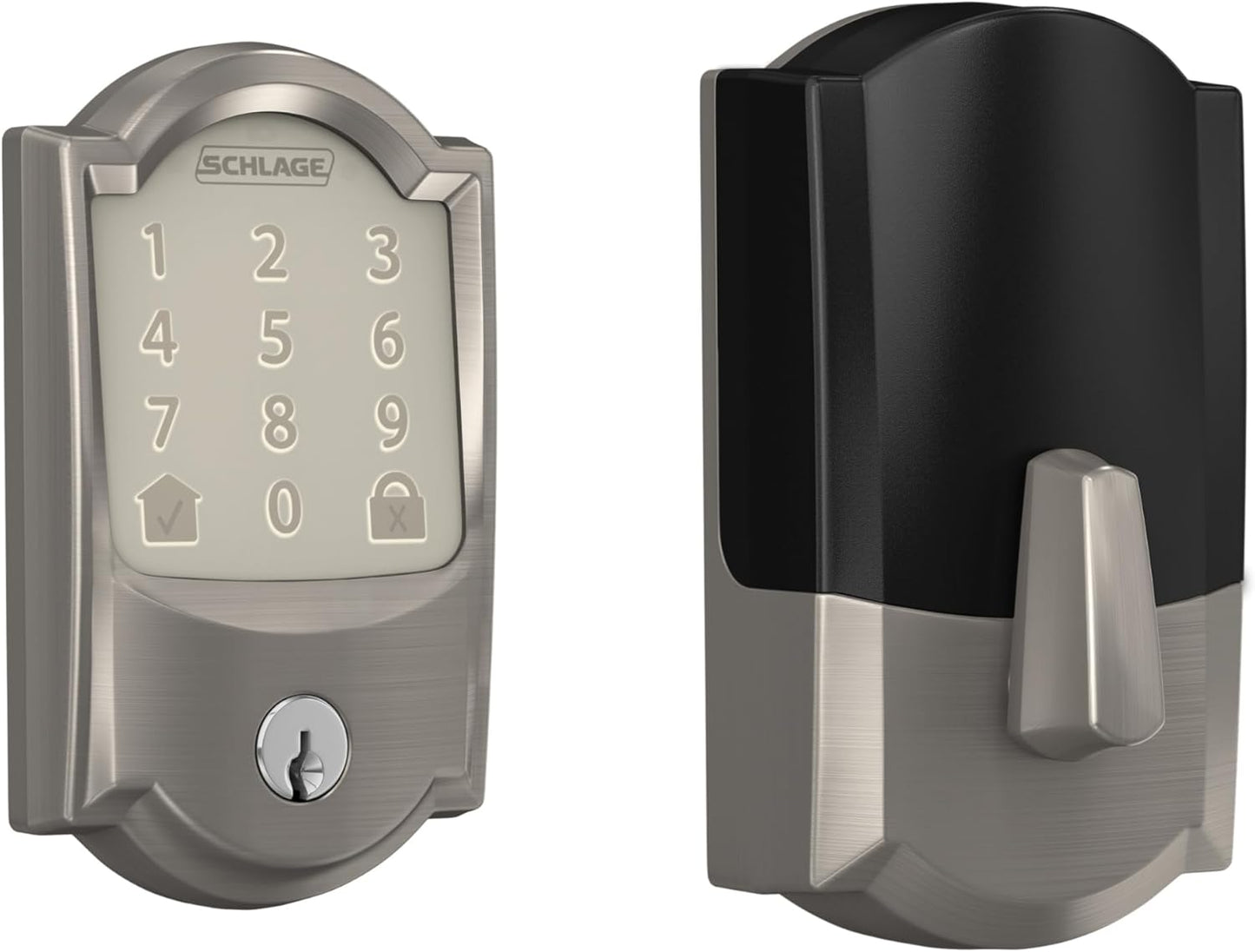Schlage Encode Smart Wi-Fi Deadbolt Lock with Touchscreen Keypad, Keyless Front Door Entry, App Control, Alexa, Google Home and Airbnb Compatible, Satin Nickel, BE489WB CAM 619