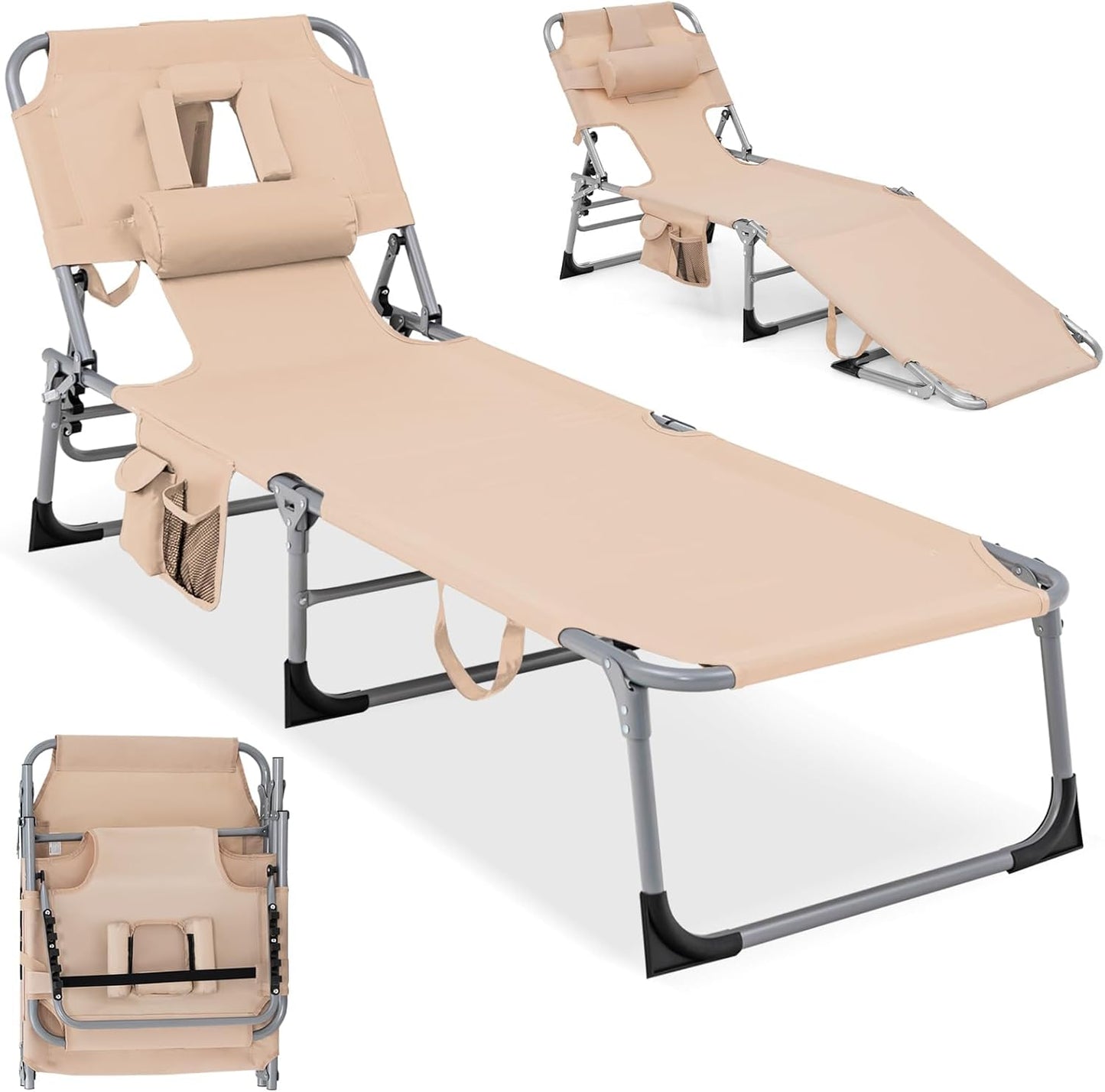COSTWAY Tanning Chair with Face Hole, Folding Beach Lounge Chair with 4-Position Adjustable Backrest, Pillow & Side Pocket, Foldable Chaise Lounge Chair Outdoor for Sunbathing, Camping (1, Beige)