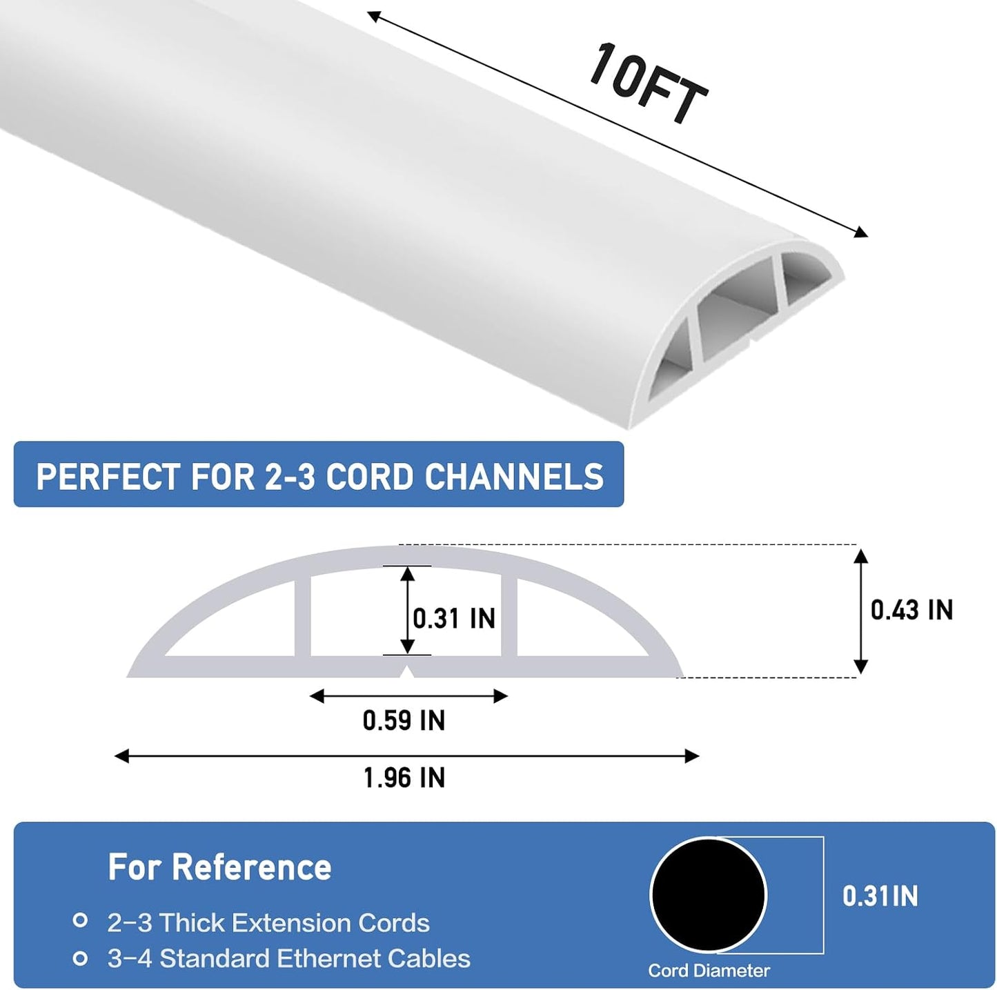 LSGCQ Floor Cord Cover Self Adhesive Cord Hider Floor Cable Management | Cord Covers for Wires on Floor Cable Cover, Prevent Cable Trips, Cable Cavity 0.59" W x 0.31" H, 10Ft, White