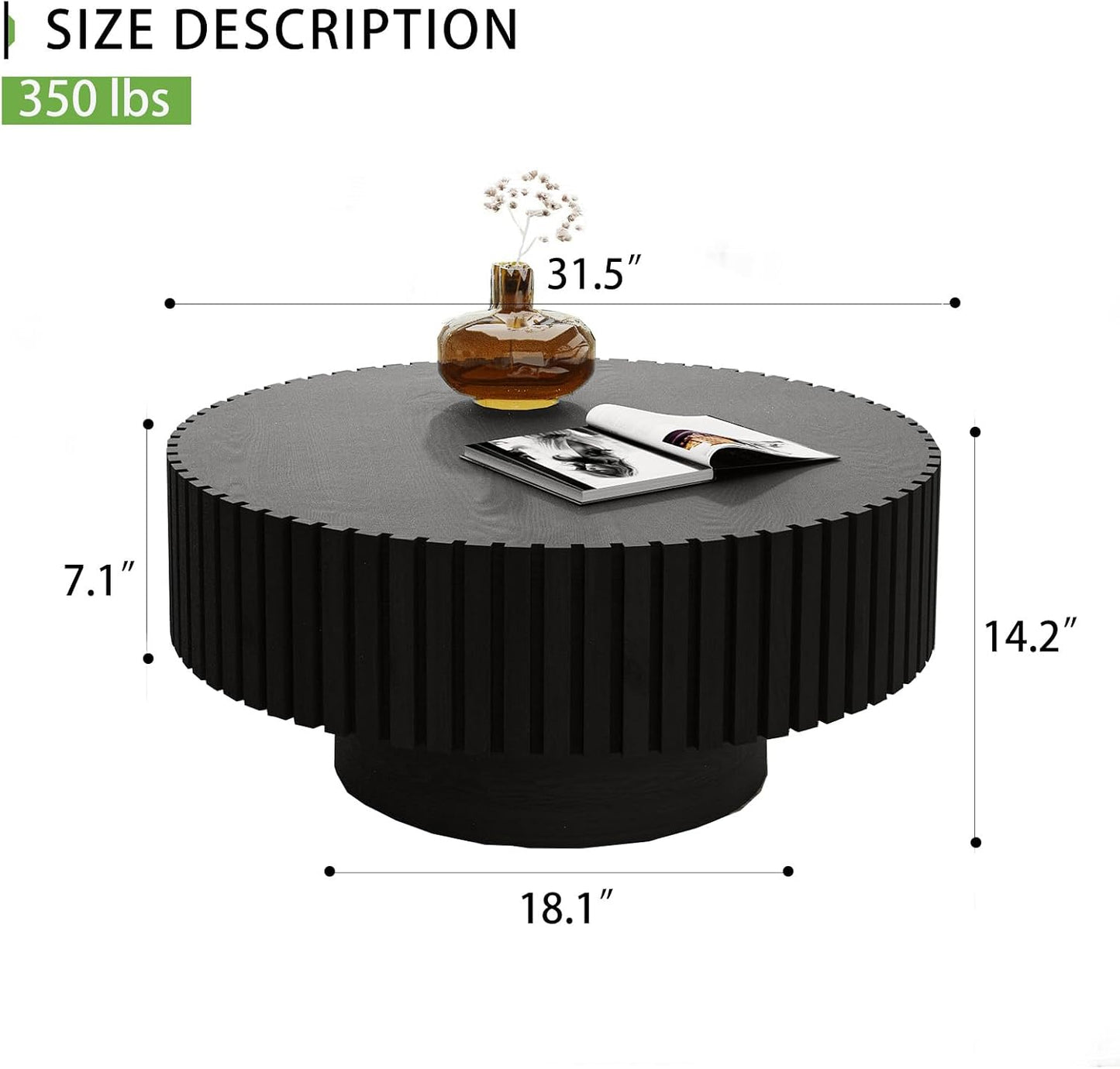 31.5" Modern Drum Coffee Table, Black | Unique Fluted Round Coffee Table, Contemporary Handcrafted Wood Tea Table for Living Room