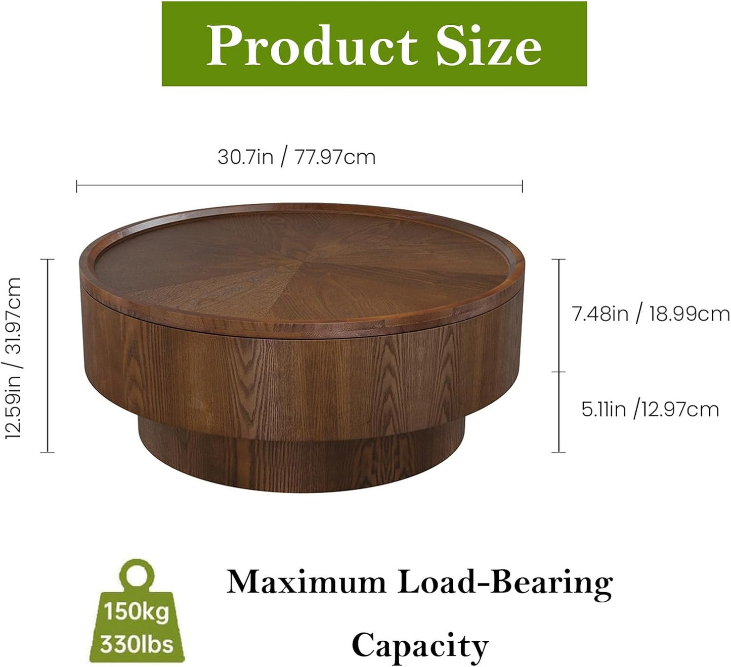 30.7" Round Coffee Table with Storage (Circle Storage Table 30.7in) | Modern Stylish Circle Storages Coffee Table with Solid Wood Veneered | for Living Room Study Balcony Farmhouse