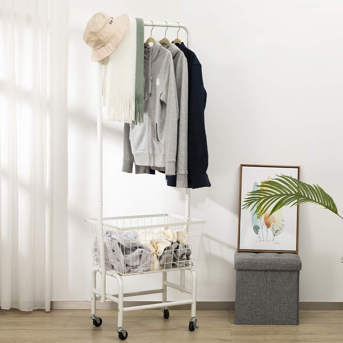 ALIMORDEN Laundry Cart with Clothes Rack, Rolling Laundry Butler with Wire Storage Rack，White