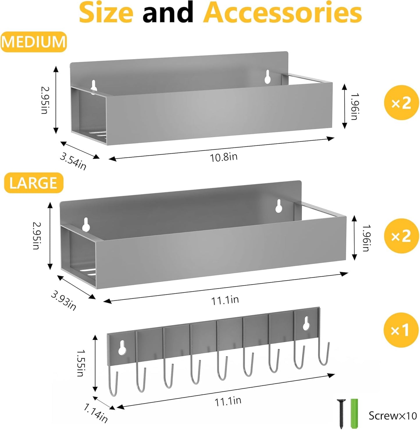 SMRCAD Magnetic Spice Rack Organizer for Fridge Seasoning Organizer for Kitchen storage with Screw Magnetic Shelf with Hook for Refrigerator and Oven (4pack1hook-Grey)