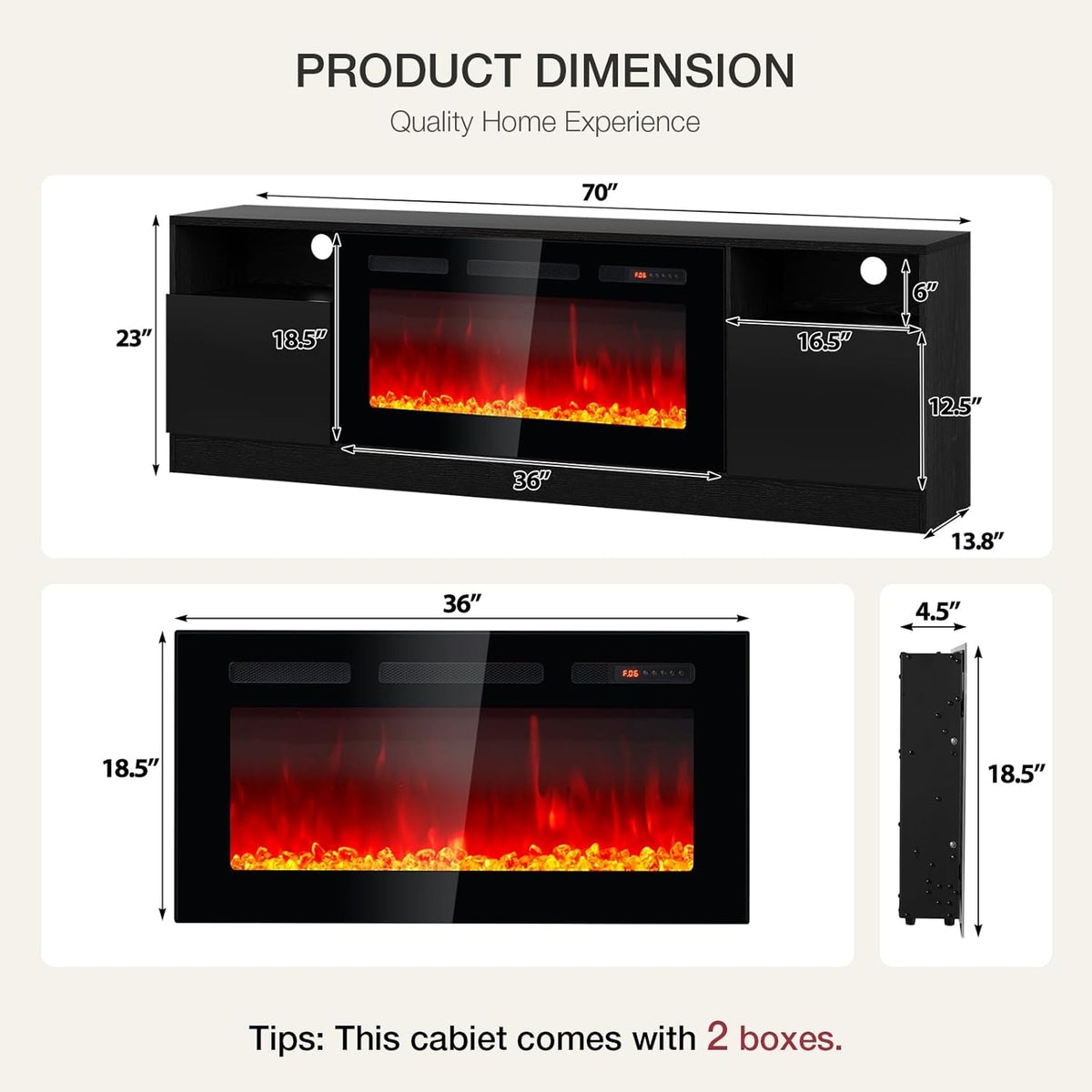 70" TV Stand with 36" Electric Fireplace, Large Modern Media Entertainment Center with Storage Cabinet and 12 Colors LED Lights for TVs Up to 80"
