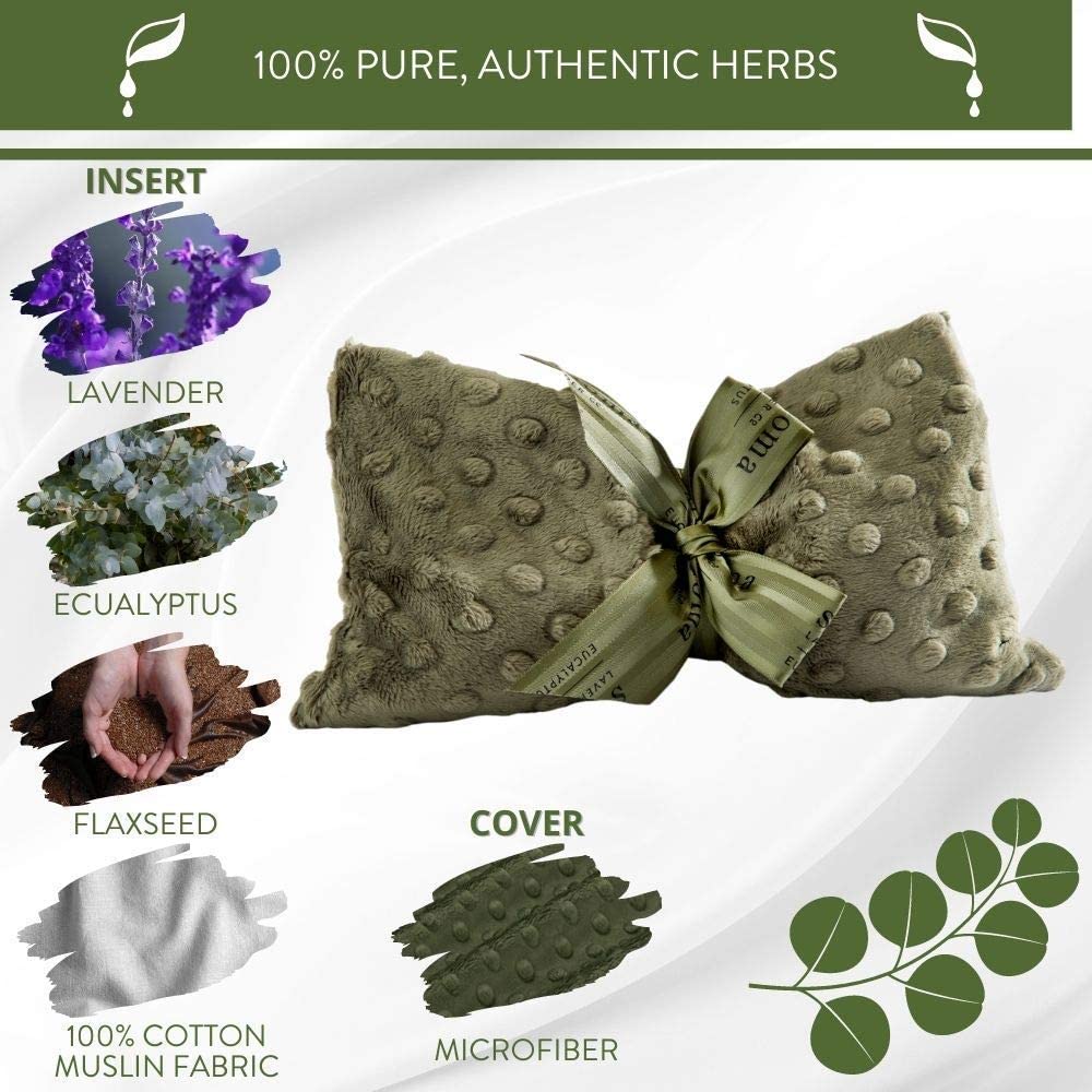 Eucalyptus Spa Mask by Sonoma Lavender, Heatable/Chillable Aromatherapy with Eucalyptus and Lavender Infused Flaxseed Insert, Eye Compress for Stress Relief with Removable and Washable Cover.