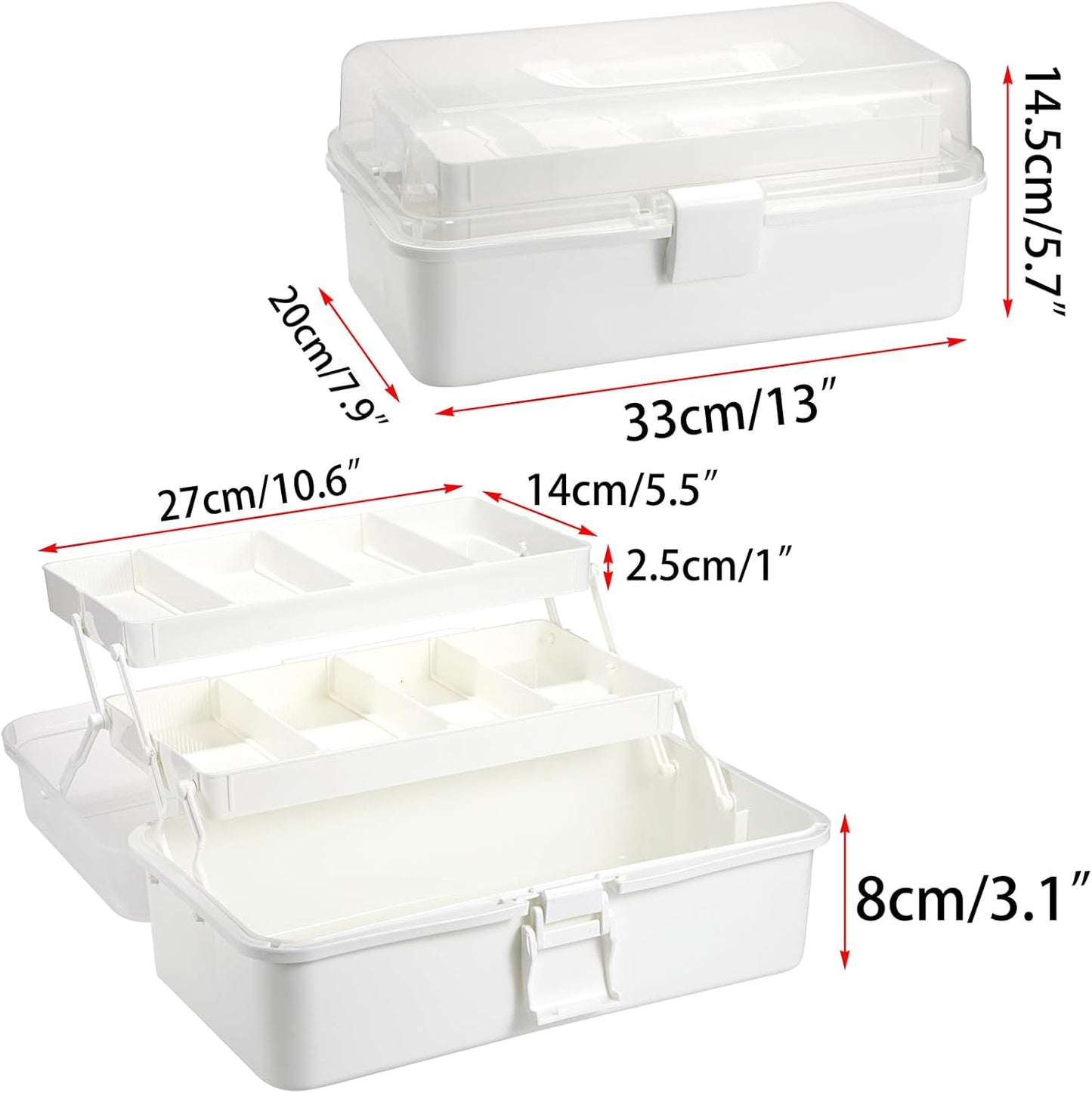 BTSKY 3-Layer Plastic Dividing Storage Box Craft Organizer with Adjustable Spacers Portable Handled Art Supply Organizer Multipurpose Home Utility Box for Medicine Box Sewing Box (Beige White)