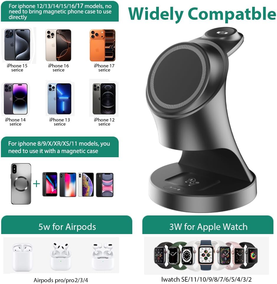 Wireless Charger,3 in 1 Magnetic Wireless Charger Stand, Fast Wireless Charging Dock for iPhone17/16/15/14/13/12 Series, Apple Watch Series, AirPods Pro.