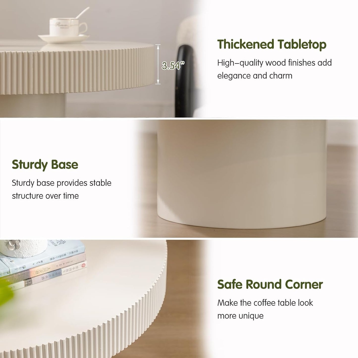 White Round Fluted Coffee Table for Living Room (Ivory White Thin Desktop) | Relief Edges, Circular Drum Coffee Table, for Office Outdoor