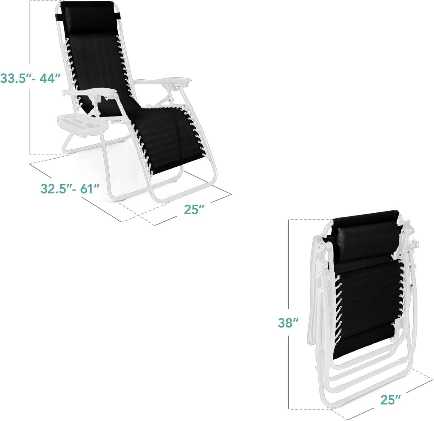 Best Choice Products Set of 2 Adjustable Steel Mesh Zero Gravity Lounge Chair Recliners w/Pillows and Cup Holder Trays - Black/White