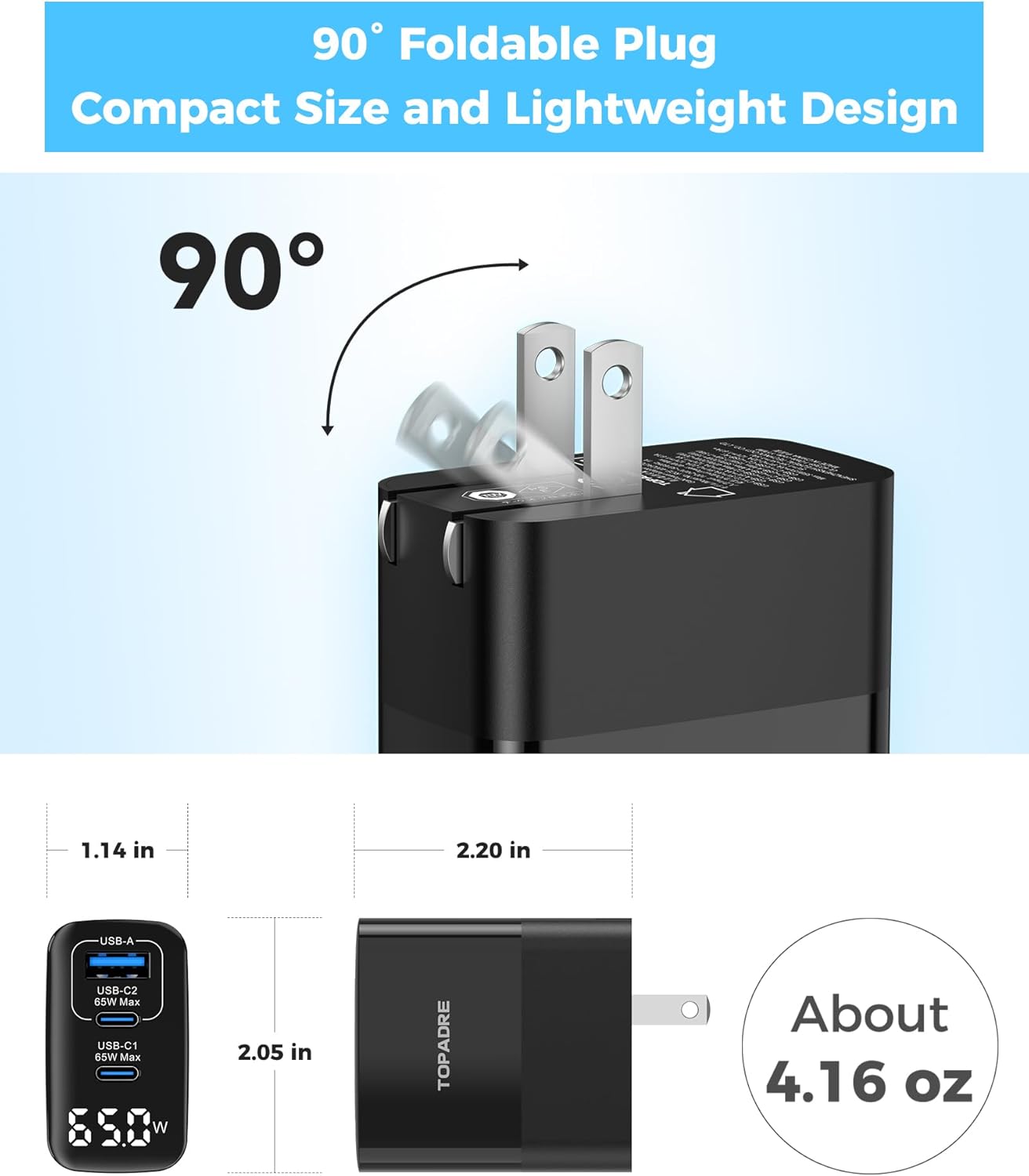65W USB C Charger Block with Led Display, 3 Ports GaN Wall Charger Foldable Compact Type C Fast Charging for MacBook iPad Pro/Air, iPhone 17/16 Pro/Pro Max, for Samsung Galaxy S25/S24, Black