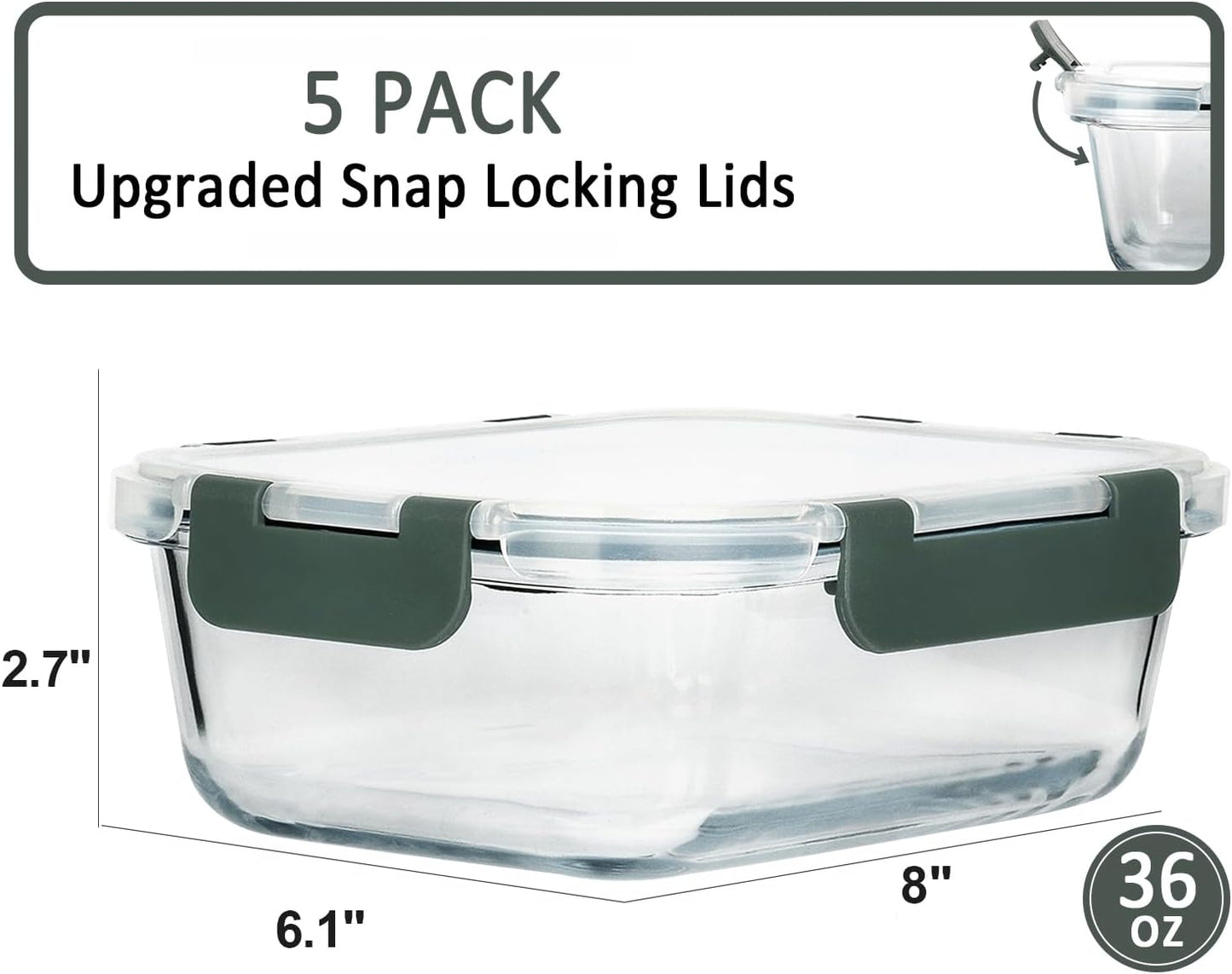 M MCIRCO [5-Packs, 36 Oz Glass Meal Prep Containers with Snap Locking Lids Glass Food Containers,Airtight Lunch Container,Microwave, Oven, Freezer and Dishwasher (4.5 Cup)