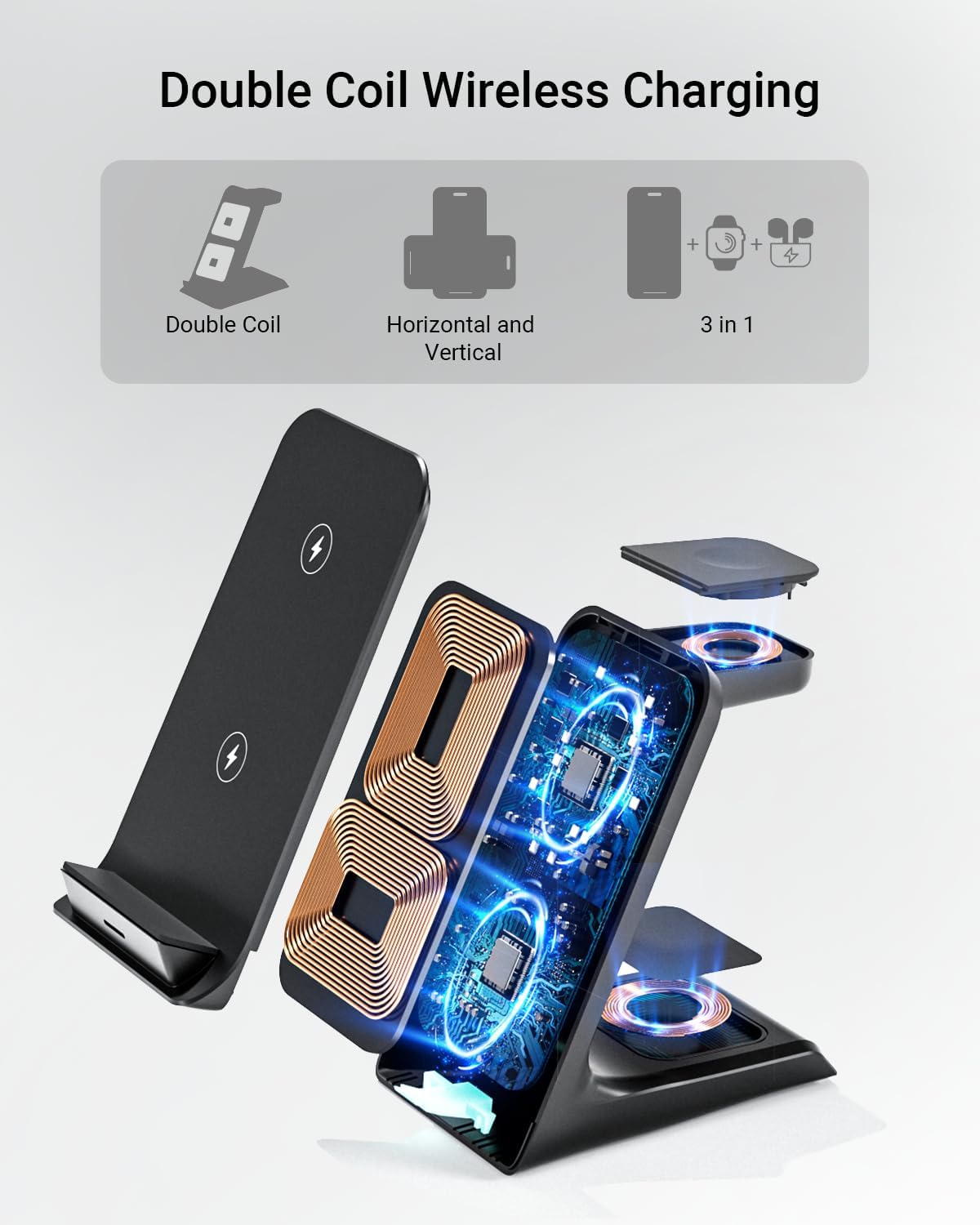 Eazpower Wireless Charger for Thick Cases of 10MM/Otterbox/Heavy Duty, 3 in 1 Charging Dock for iPhone 17 16 15 14 Pro Max, Phone Stand Charging Station for Multiple Devices for Apple Watch/AirPods