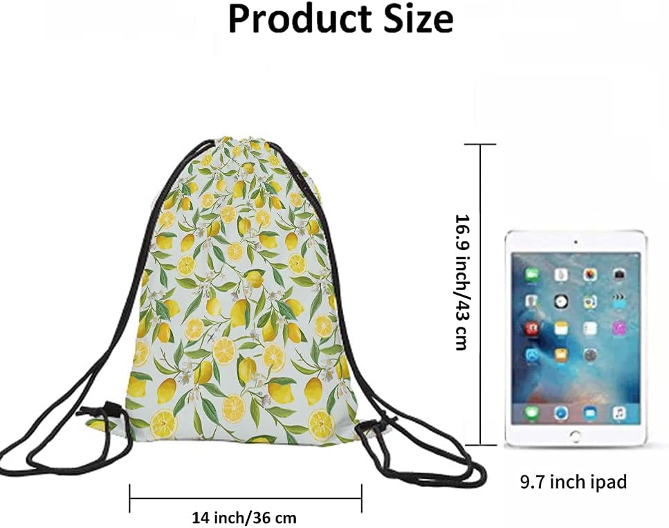 Lemon Drawstring Bags Summer Lemon Fruits Tree Branches Leaves White Little Flower Yellow Green Sport Gym Sack Drawstring Backpack for Men Women
