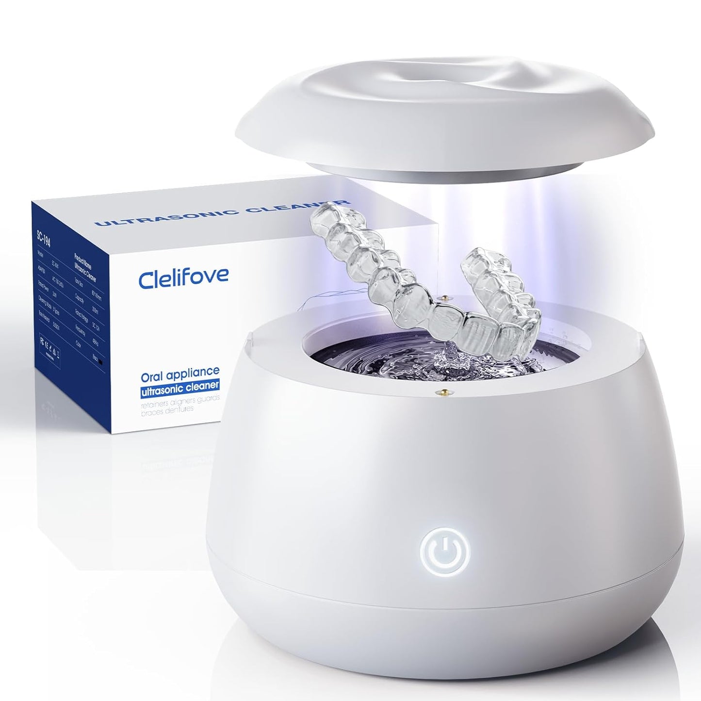 Ultrasonic Retainer Cleaner Machine 48kHz Denture and Aligner Cleaning Pod for Mouth Guards Night Guards Dental Trays Braces Toothbrushes Jewelry with 200ML Capacity (White)
