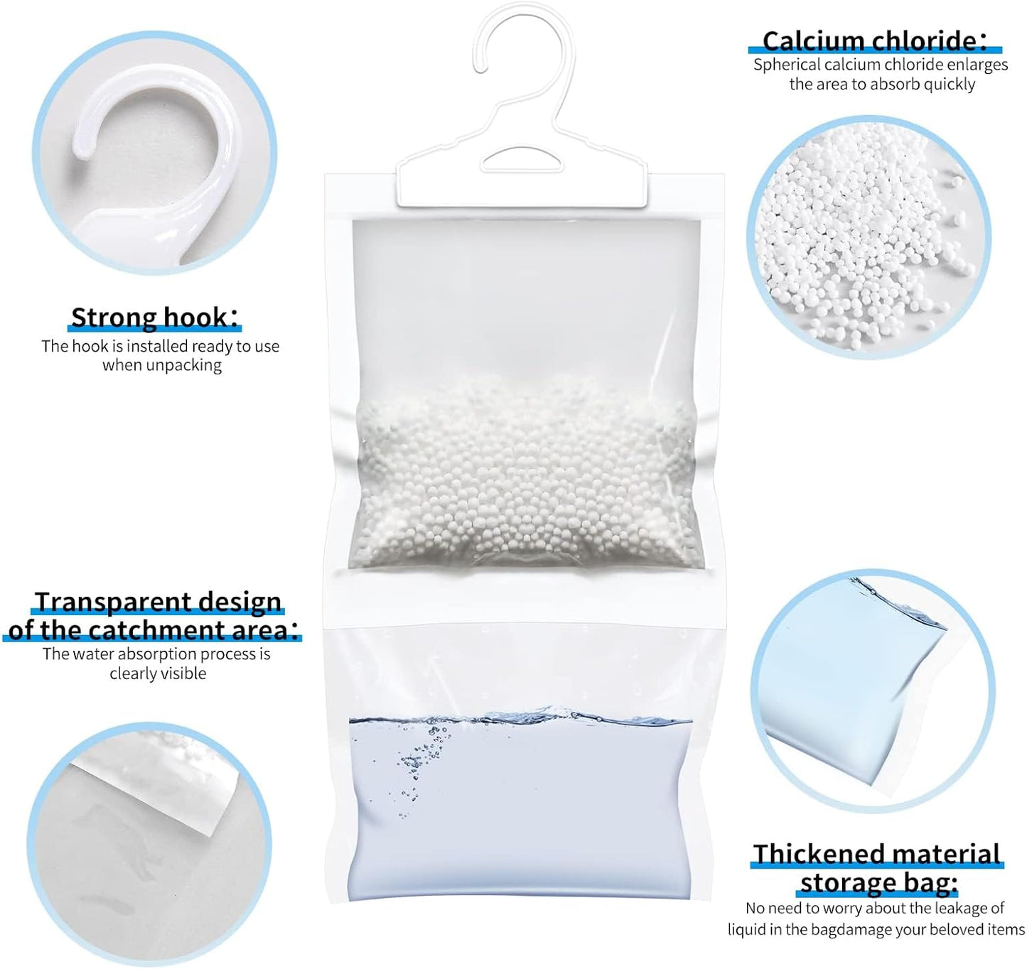 ZSZMFH 12 Pack Moisture Absorber Hanging Bags, Fragrance Free Humidity Packs, Hanging Closet Dehumidifier Bags-220g/pack