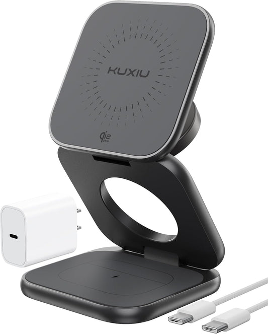 KU XIU Qi2.2 25W Magnetic Wireless Charger, Foldable 3 in 1 Travel Charging Station for iPhone 17/16/15/14/13/12, 5W for Apple Watch & AirPods, Aluminum Alloy Design, 45W GaN Adapter Included, Gray