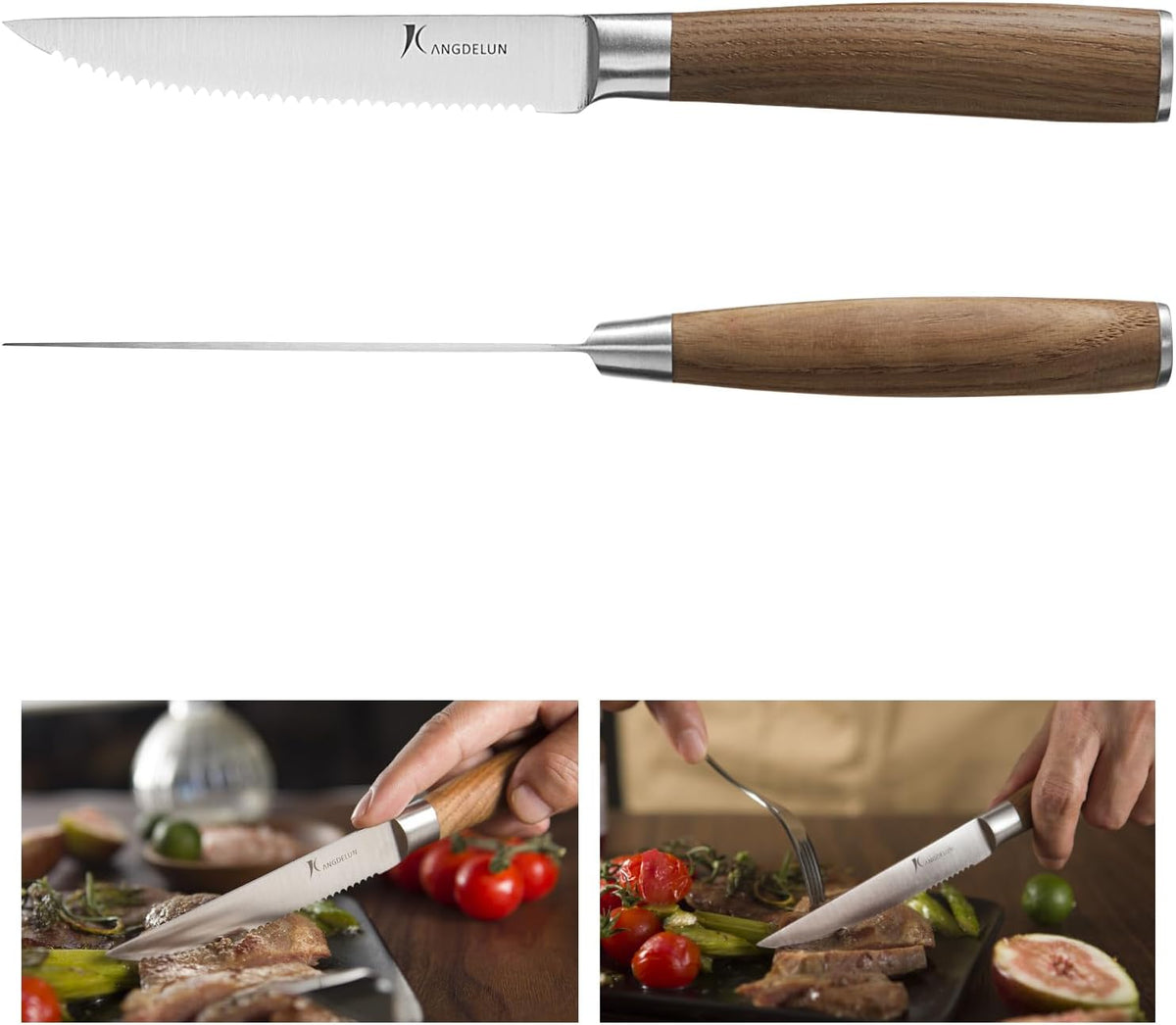 kangdelun Ultra Sharp 8-Piece Steak Knife Set, 4.5" Serrated Blades, 50Cr15MoV High-Carbon Stainless Steel, Torrefied Brown Ash Wood Handles, Magnetic Gift Box