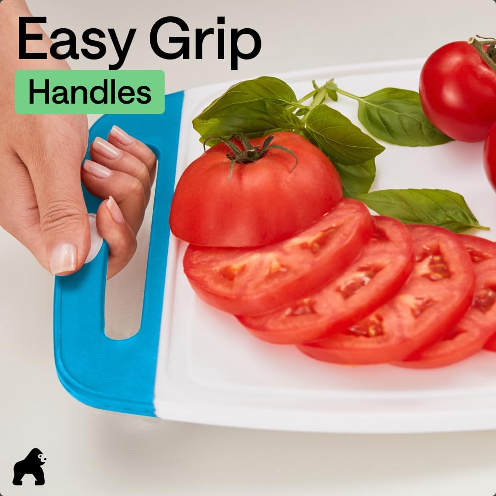GORILLA GRIP BPA-Free Reversible Kitchen Cutting Board Set of 3, US Designed, Nonporous, Juice Grooves Catch Liquid, Slip Resistant Border, Dishwasher Safe, Durable Large Food Chopping Boards, Aqua