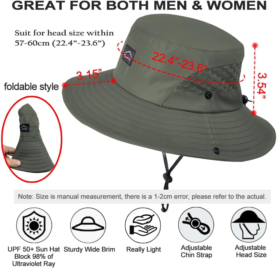Sireck Fishing Hat, UPF50+ Wide Brim Sun Hat for Men Women, UV Protection Hiking Beach Bucket Hats Summer Safari Hat