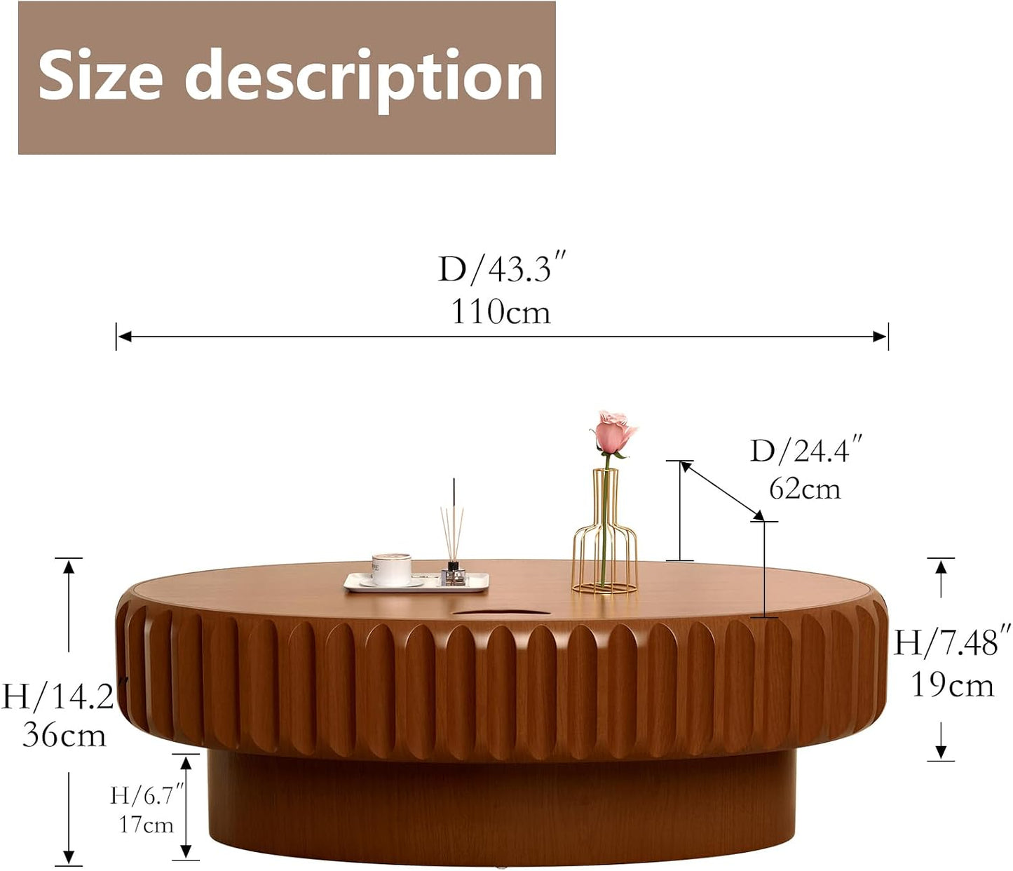 43.3 in Brown Oval Drum Coffee Table with Storage | Modern Oval Fluted Storage Center Table Handcrafted Solid Wood Fluted Edge, Sturdy Oval Base For Living Room, Apartment