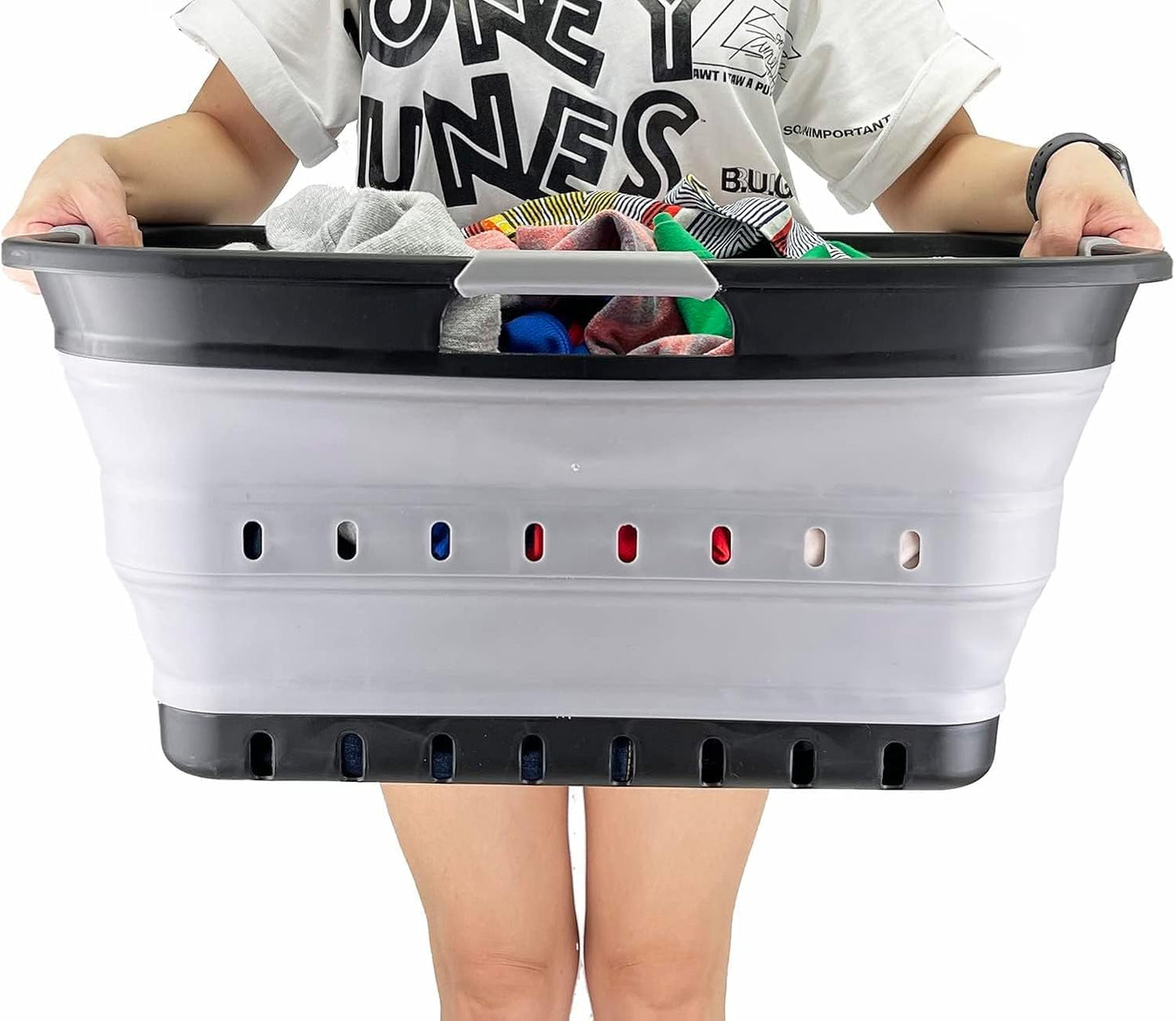 SAMMART 42L (11 gallon) Collapsible Plastic Laundry Basket - Foldable Pop Up Storage Container/Organizer - Portable Basket - Space Saving Hamper (Black/Alloy Grey (Set of 2))