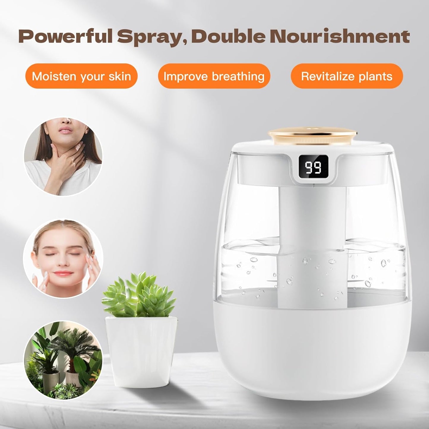 Double Spray Air Humidifier for Bedroom, 2L Quiet Cool Mist Humidifier for Plants Dorm Room Office Home Car Personal Humidificador with Digital Display 3 Mist Modes & Night Light