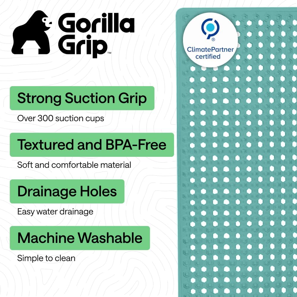 GORILLA GRIP Patented Bath Tub Shower Mat, Machine Washable Bathtub Floor Liner Mats, Suction Cups and Drain Holes to Keep Tubs Clean, Soft on Feet, Bathroom Essentials, 35x16 Inch, Turquoise Opaque
