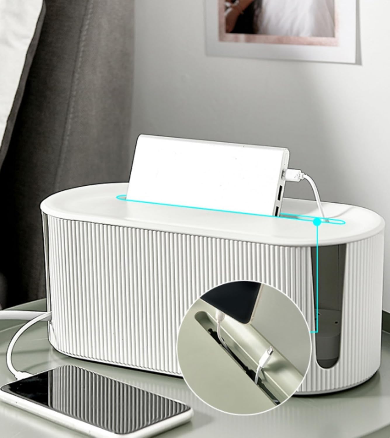 Cable Management Box,Desk Cord Organizer Box with Groove Cover,Plastic Cord Hider Box,Large Cable Box Organizer for Storaging Power Socket/TV/Computer/Router/Games Console Cable (White)