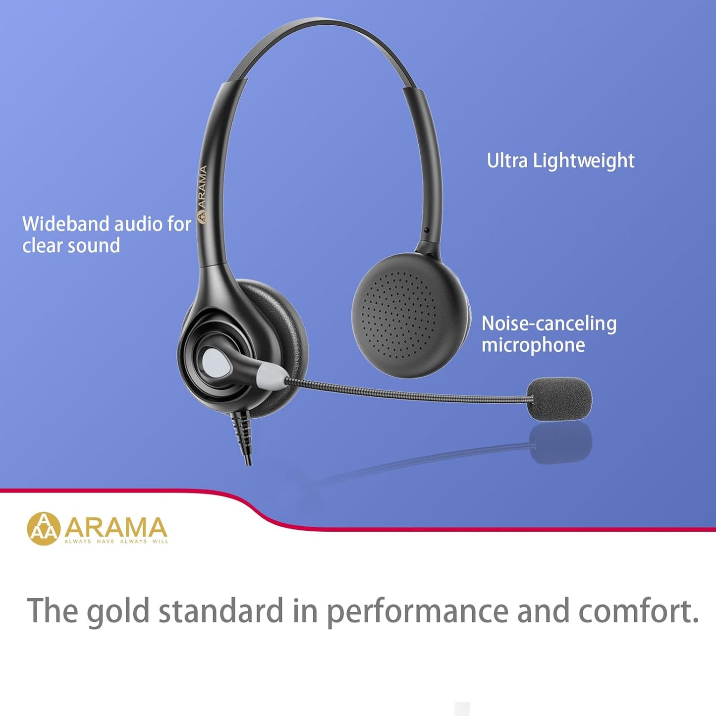 Arama Cell Phone Headset w/Lightweight Secure-Fit Headband, Pro Noise Canceling Mic and in-line Controls, 3.5mm Wired Headphones for iPhone, Samsung, LG, HTC, BlackBerry Mobile Phone and iPad Tablet