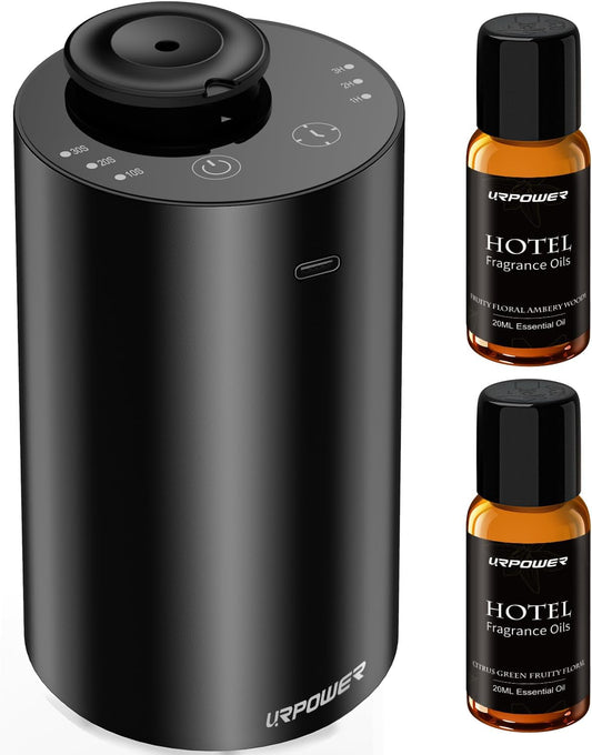 URPOWER Waterless Essential Oil Diffuser: No Water Needed Battery Operated Scent Diffuser - 2 * 20ML Hotel Fragrance Essential Oils - Cordless & Mini Oil Machine Aluminum for Car Home Office(Black)