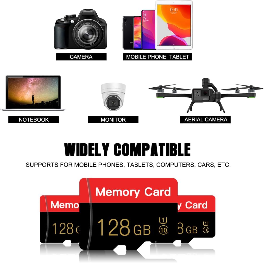 2 Pack Micro Memory Card 128 GB with Adapter, C10/U1/UHS-I/A1 TransFlash Card, TF Card for Smartphone, Tablet, Camera, Drone, Personal Computer (Red 128GB*2-U1)