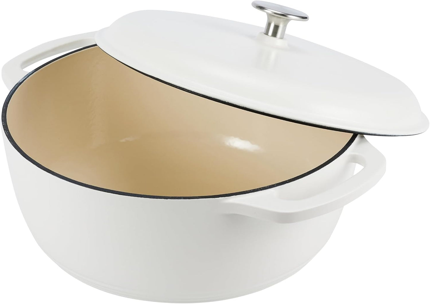 Amazon Basics Enameled Cast Iron Dutch Oven Pot with Lid, Round, Dual Handles, Heavy-Duty, Oven Safe for Stews, Roasting, Baking, 6-Quart, Matte White