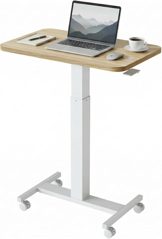 HUANUO Small Rolling Laptop Standing Desk, Height Adjustable Mobile T-Base Desk with Lockable Casters, Portable Sit-Stand Workstation for Bedside & Sofa, Light Walunt