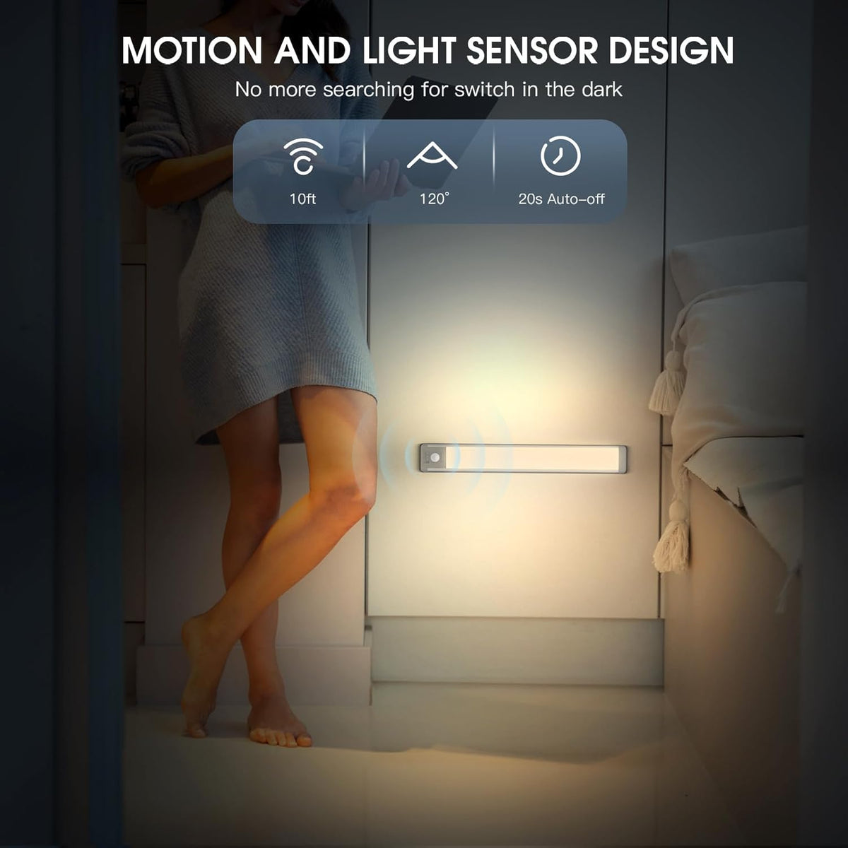 MCGOR 14.7inch Under Cabinet Lighting, 2 Pack Rechargeable Motion Sensor Light Indoor, 5 Levels Dimmable Magnetic Closet Lights, Wireless Under Counter Lights for Kitchen, Stairs,Hallway