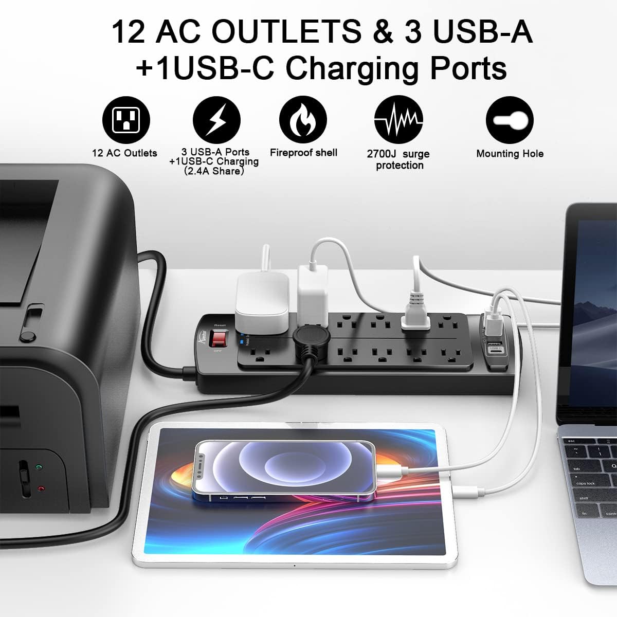 Power Strip, ALESTOR Surge Protector with 12 Outlets and 4 USB Ports, 6 Feet Extension Cord, 2700 Joules, ETL Listed, Black