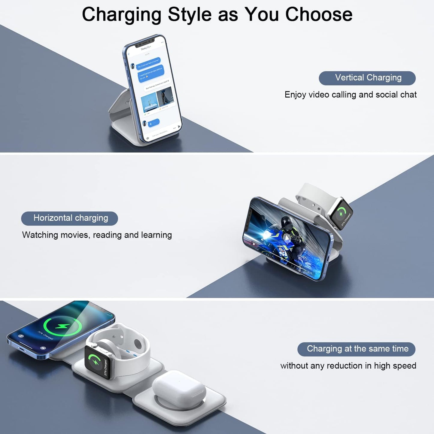 Wireless Charger 3 in 1,RTOPS Magnetic Traval Wireless Charging Station Multiple Devices,GaN 3 in 1 Charging Station,Compatible iphone17/16/15/14/13/Pro/Max,iWatch,AirPods4/3/2/Pro(Adapter Includes)