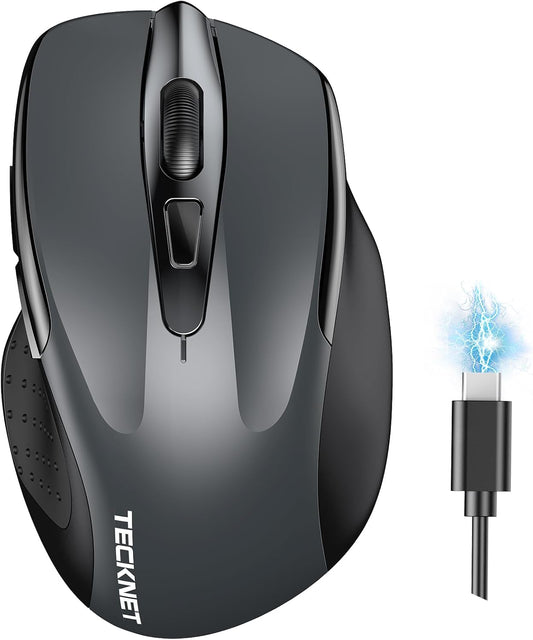 TECKNET Wireless Mouse, BT 5.0/2.4G, Rechargeable 6-DPI Silent, Grey