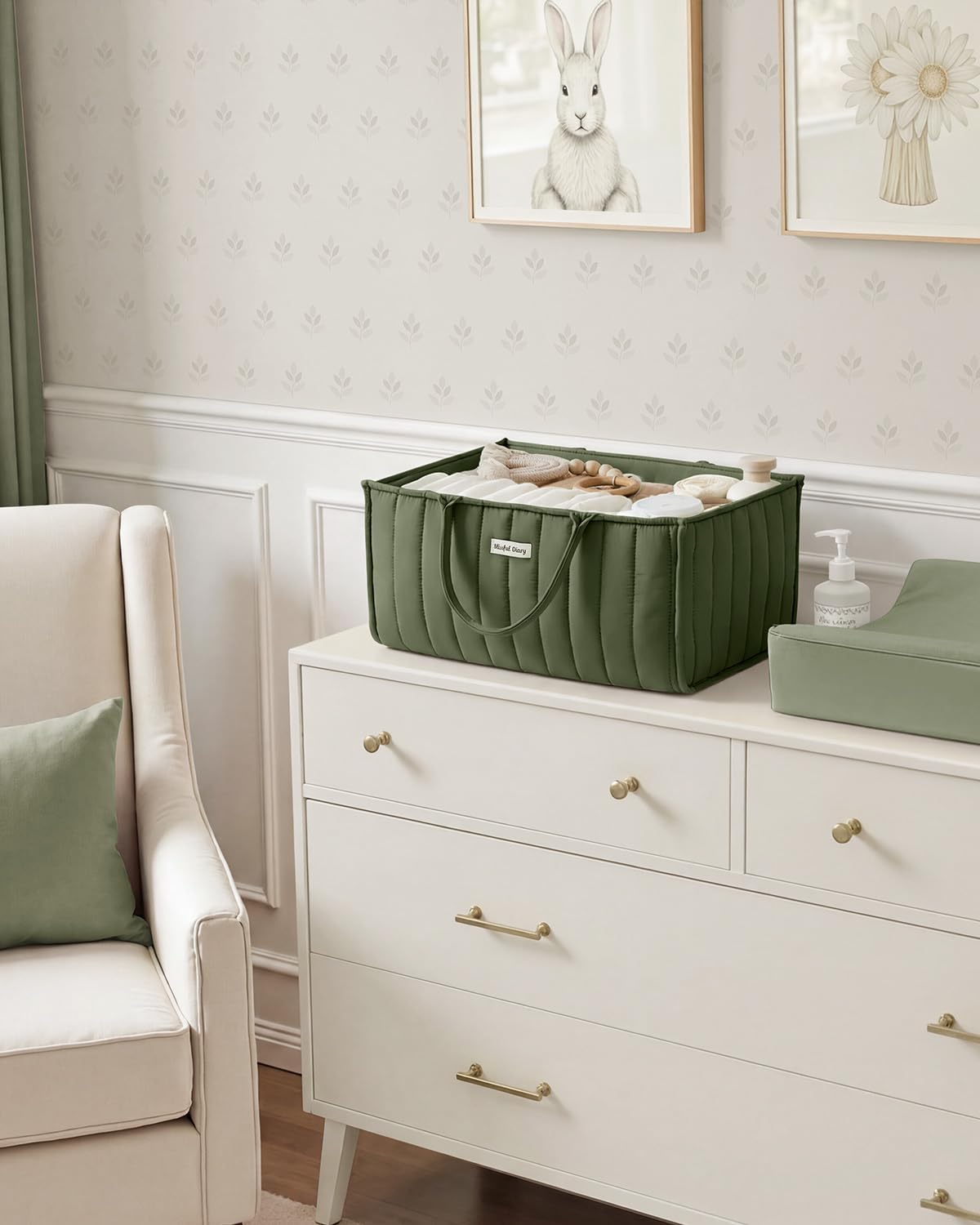 Blissful Diary Baby Diaper Caddy Organizer, Stylish Storage Basket for Newborn Essentials and Diaper Station, Gift for Baby Shower and Registry Must-Have, Deep Green