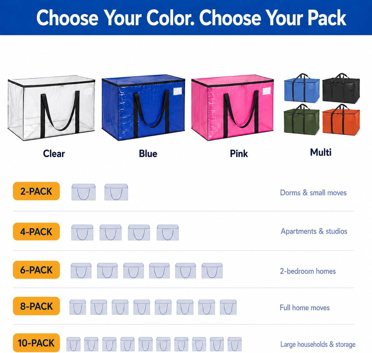 ClearSpace Heavy Duty Moving Bags - Water Resistant Storage Bags or Storage Bins with Lids and Moving Supplies - Large Moving Boxes for College Dorm, Travel, Closet Organization - 6 Pack