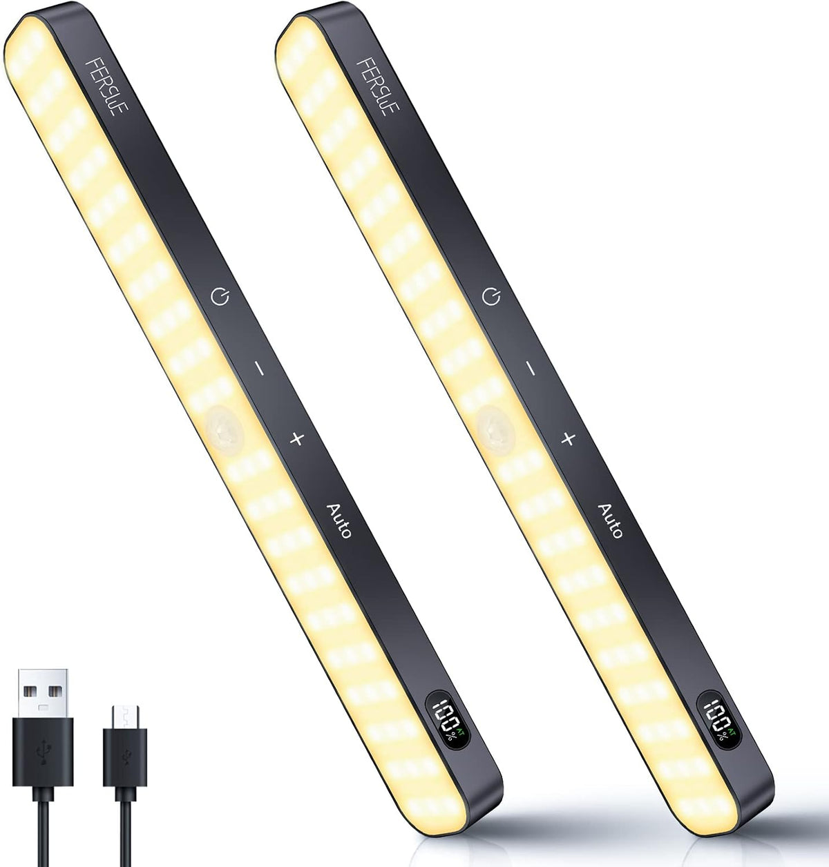 Ferswe Closet Lights Rechargeable, Battery Level Display, Dimmable Battery Powered Lights, 3000K Motion Sensor Light Indoor, 60 LED Touch Light for Kitchen, Closet, Shelf(4 Pack)