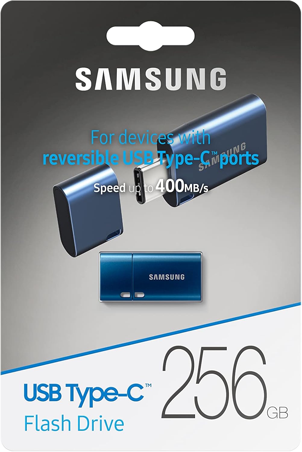 Samsung Type-C USB Flash Drive, 256GB, Transfers 4GB Files in 11 Secs w/Up to 400MB/s USB 3.2 Gen 1 Read Speeds, Compatible w/USB 3.0/2.0, Waterproof, 2022, Blue, MUF-256DA/AM