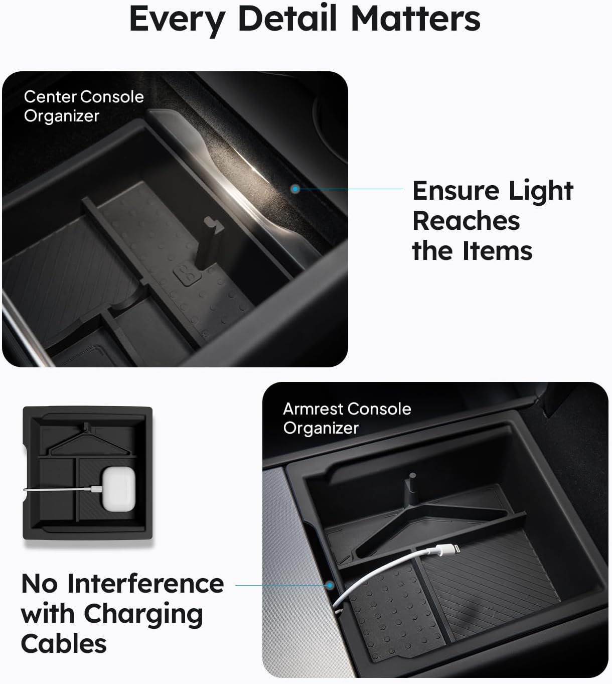 Wigoo Center Console Organizer for Tesla Model Y Juniper (Only Premium & Performance 2025 2026) and All Model 3 Highland Accessories [Double-Layer Storage, Smooth Sliding] 4PCS Black