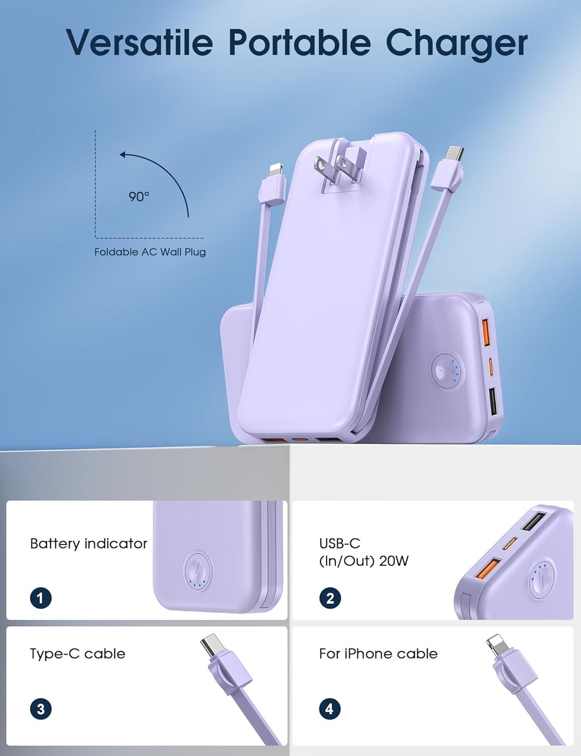 Nusyddy Portable Charger, 10000mAh PD20W Fast Charging Power Bank with Built-in Cables & Wall Plug, Travel Essential External Battery Pack, USB C Battery Phone Charger for iPhone, iPad, Samsung Purple