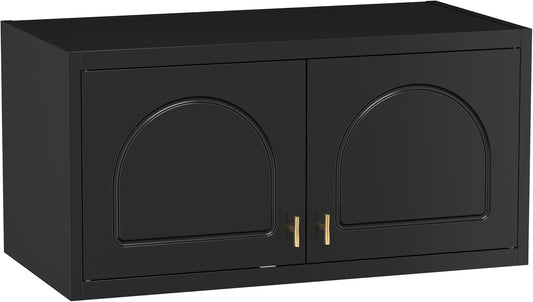 Polup Wall Cabinet with Doors, Small Hanging Cabinet for Kitchen Pantry | Metal Overhead Cabinet for Dining Room, Living Room, Bathroom, 16"D x 32"W x 15"H, Black, Assembly Required