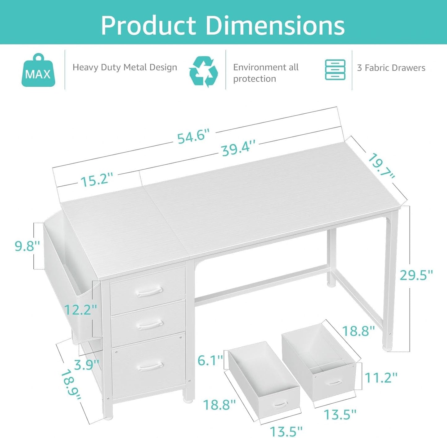 Lufeiya White Computer Desk with Fabric File Drawers Cabinet, 55 Inch Reversible Desks with Storage Filing Cabinet for Home Office, Modern Writing Table PC Desks for Bedroom, White
