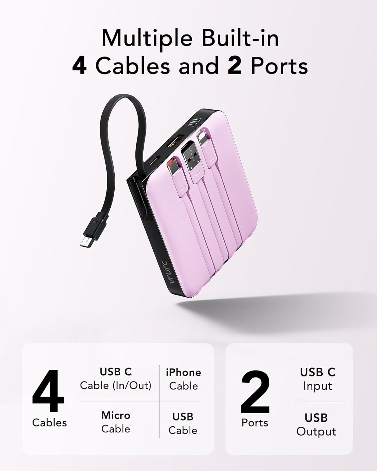 VRURC Portable Charger 10000mAh Battery Pack, Cell Phone Power Bank-Purple | with Built-in 4 Cables,22.5W Fast Charging,Slim,Travel Essentials,for iPhone 17/16/15 Series, Samsung Android Series